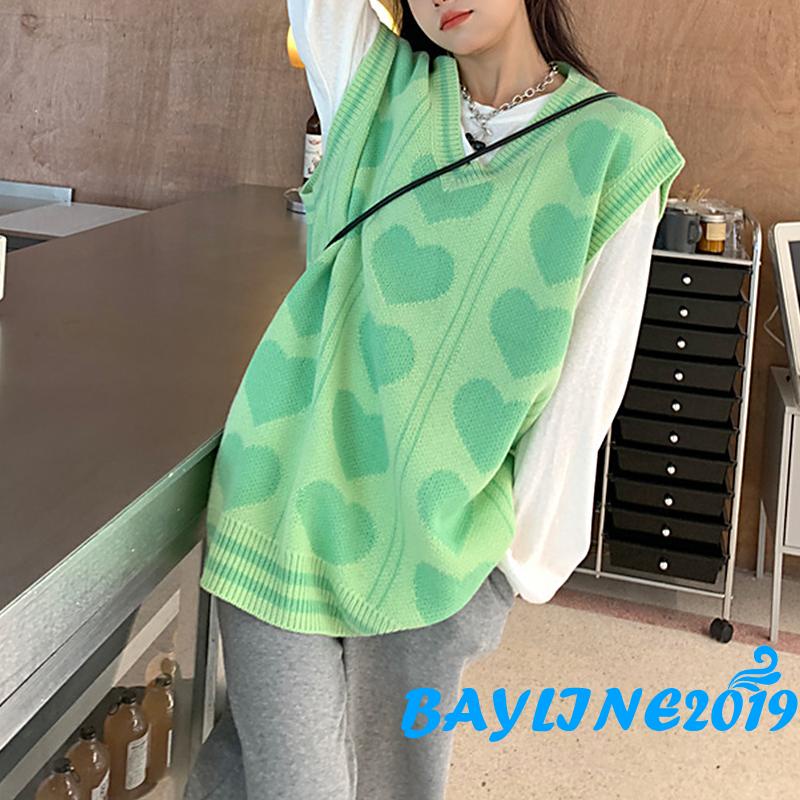 Áo len không tay cổ chữ V họa tiết trái tim màu sắc thời trang thu đông cho nữ