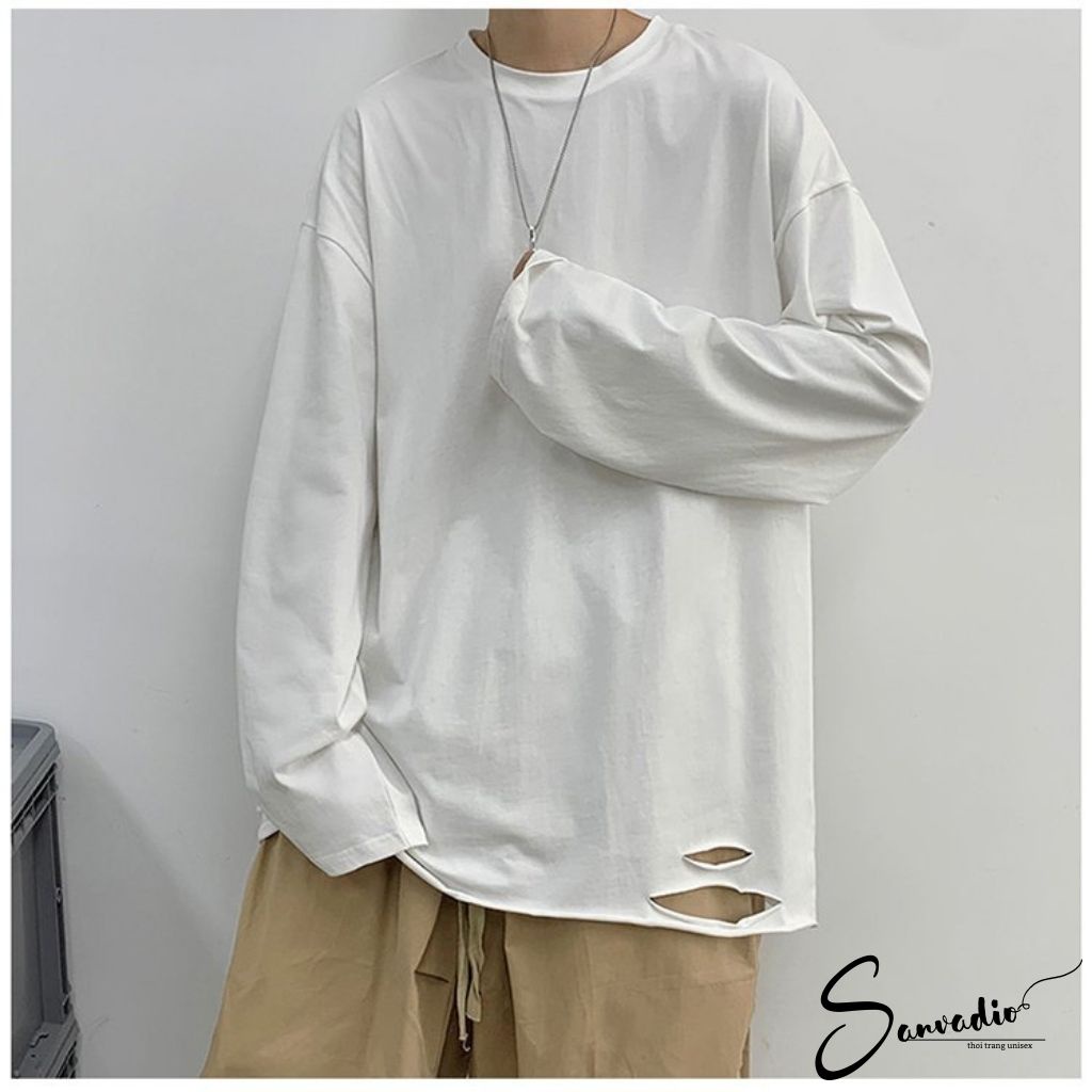 Áo Thun nam SANVADIO Áo phông dài tay from rộng unisex cá tính năng động với điểm nhấn rách gấu áo phá cách