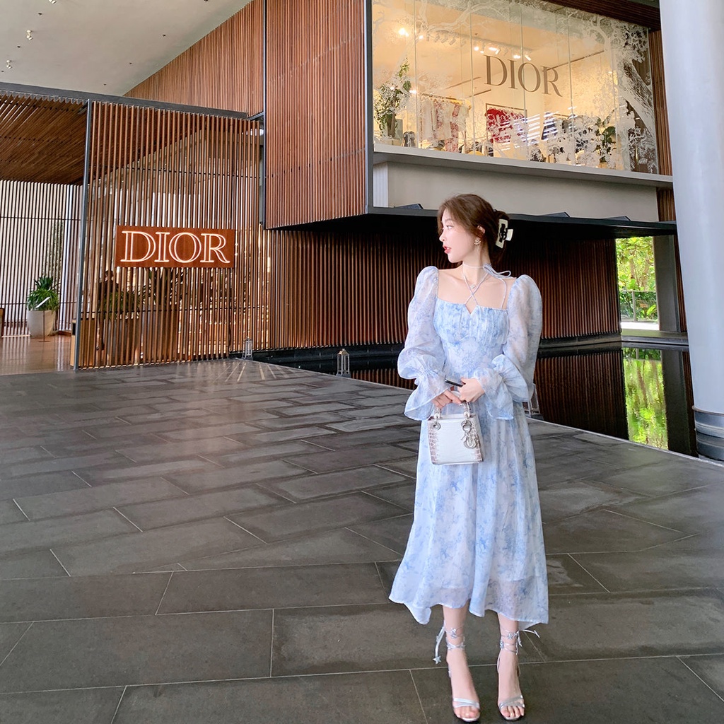 Đầm midi cổ vuông tay dài vải voan in hoa màu xanh dương thời trang mùa hè phong cách pháp cho nữ 2023