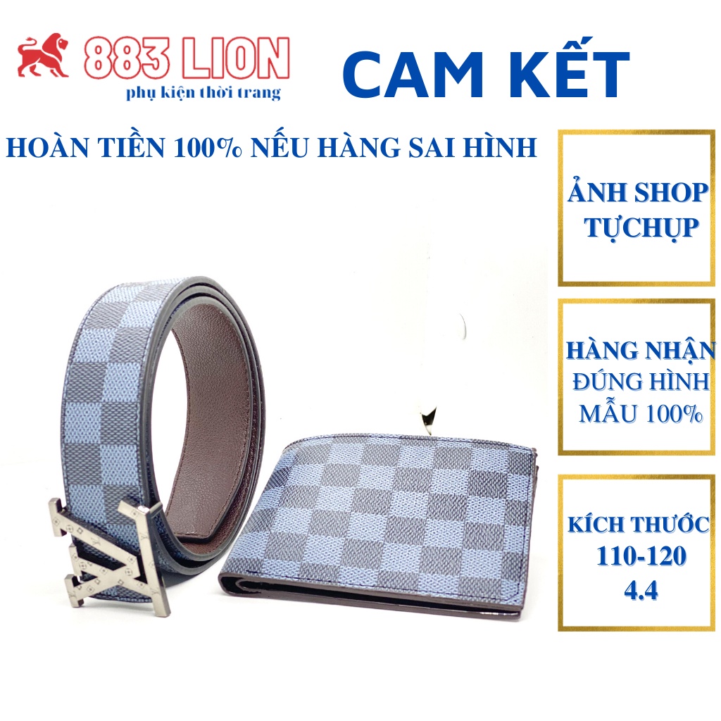 COMBO Thắt Lưng Nam LV/Dây Nịt Nam+ Ví Da/Bóp Nam Cao Cấp Kẻ Caro Màu Xanh Xám Mặt Khóa Bạc Có Chư Da Tổng Hợp PVC