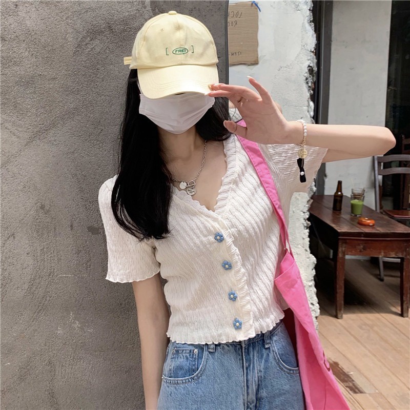 Áo cardigan ZHELIHANGFEI dệt kim viền xếp nếp tay ngắn cài nút kiểu hoa xinh xắn