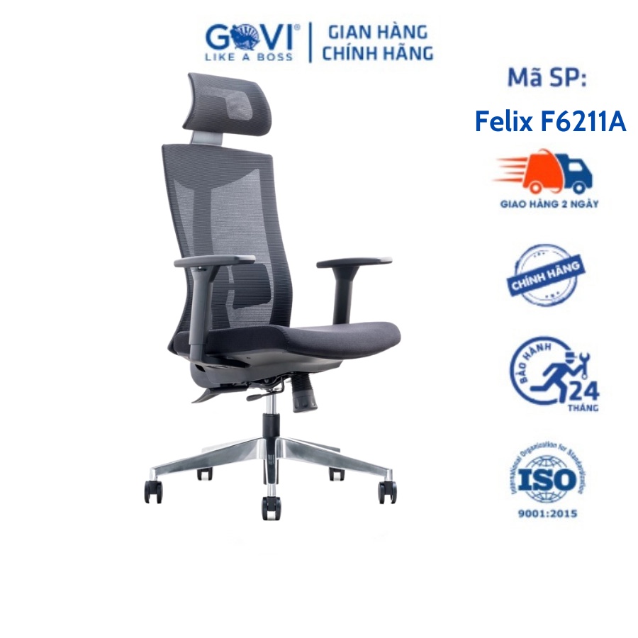 Ghế công thái học Ergonomic GOVI Felix F6211A - Tựa đầu, tựa tay điều chỉnh, mâm ghế ngả và khóa 3 vị trí