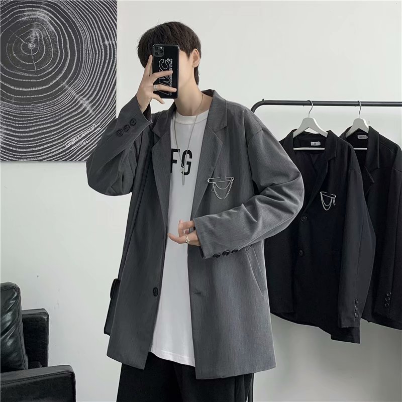 Tide brand brooch suit jacket men and women loose wild college British style thin casual suit ins tide Korean dk uniform thin section