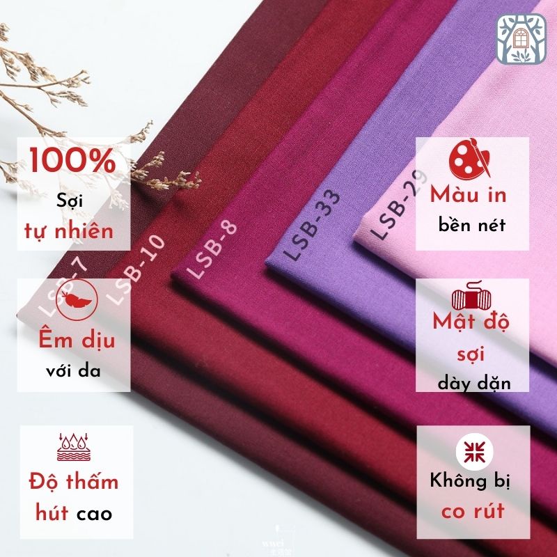 Vải cotton trơn 100% tự nhiên🍒Cottonvill🍒khổ vải 110cm , đủ bảng 34 màu