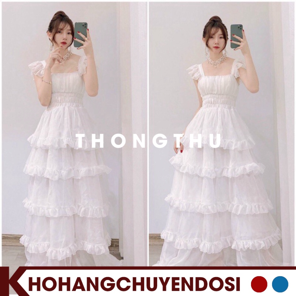 Đầm Trắng Công Chúa nhiều tầng ,hở vai 2 dây dáng xòe ,Váy Maxi thiết kế trễ vai sang trọng Vintage Tiểu Thư ,THONGTHU