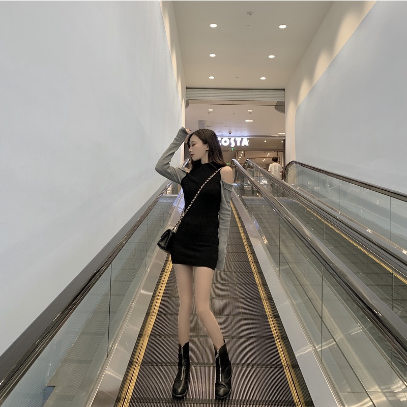 Cocory vn phụ nữ thời trang retro quây cổ tròn mỏng mông dài tay áo dệt kim mini dress