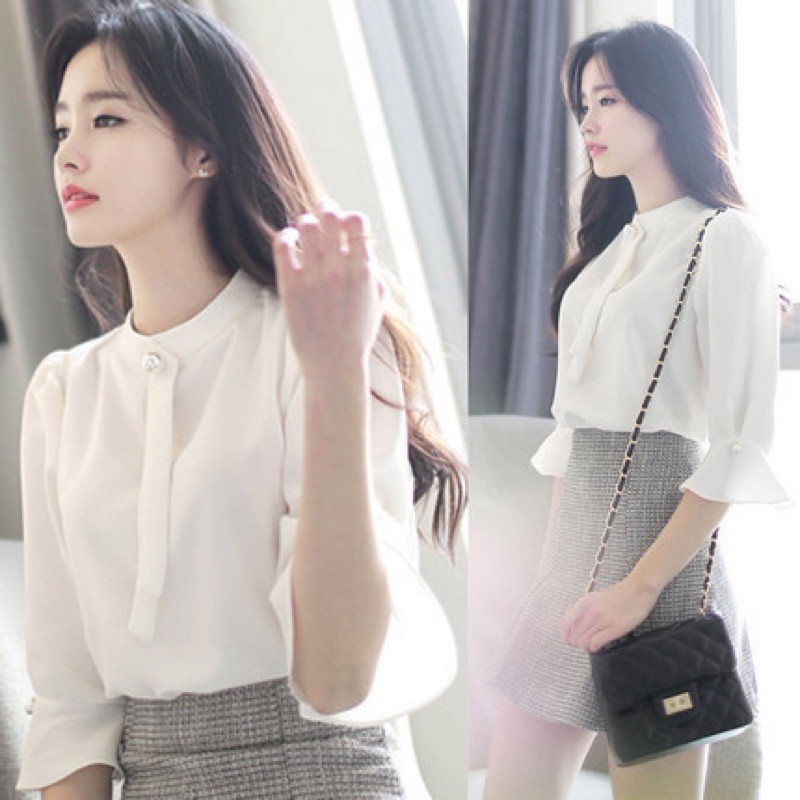 Áo sơ mi nữ Quảng Châu cổ trụ đính ngọc tay lỡ thanh lịch freesize MS051