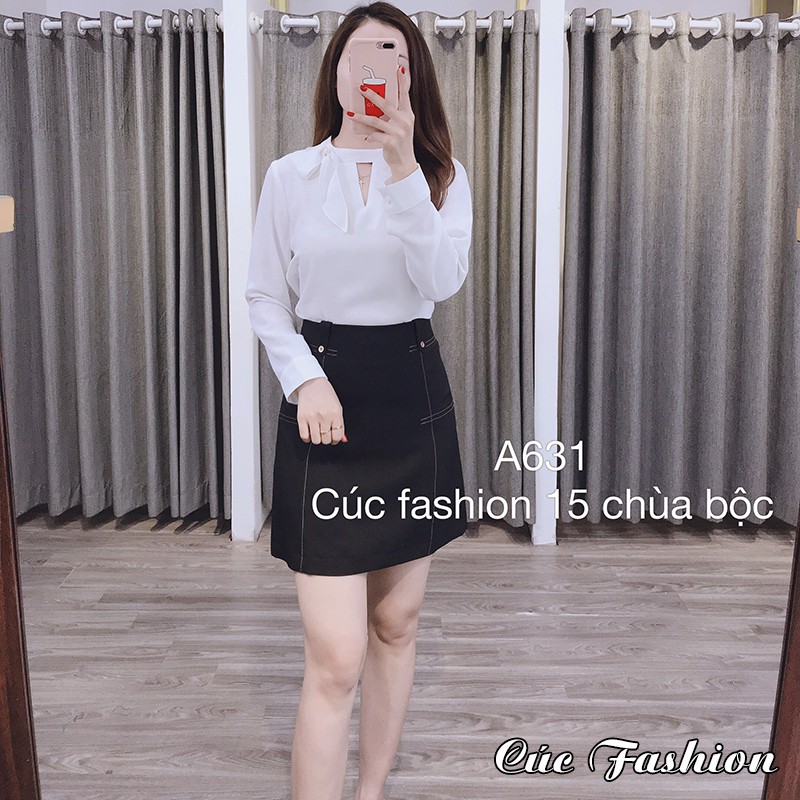 Áo sơ mi nữ công sở Cúc Fashion A637 trắng nơ tay lửng A631 nơ lệch