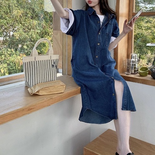 Váy sơ mi jean nữ dáng dài cộc tay, đầm sơ mi nữ form rộng phong cách ulzzang A18