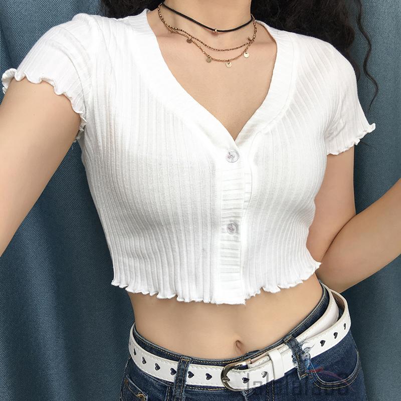 Áo croptop ngắn tay cổ V cá tính | BigBuy360 - bigbuy360.vn
