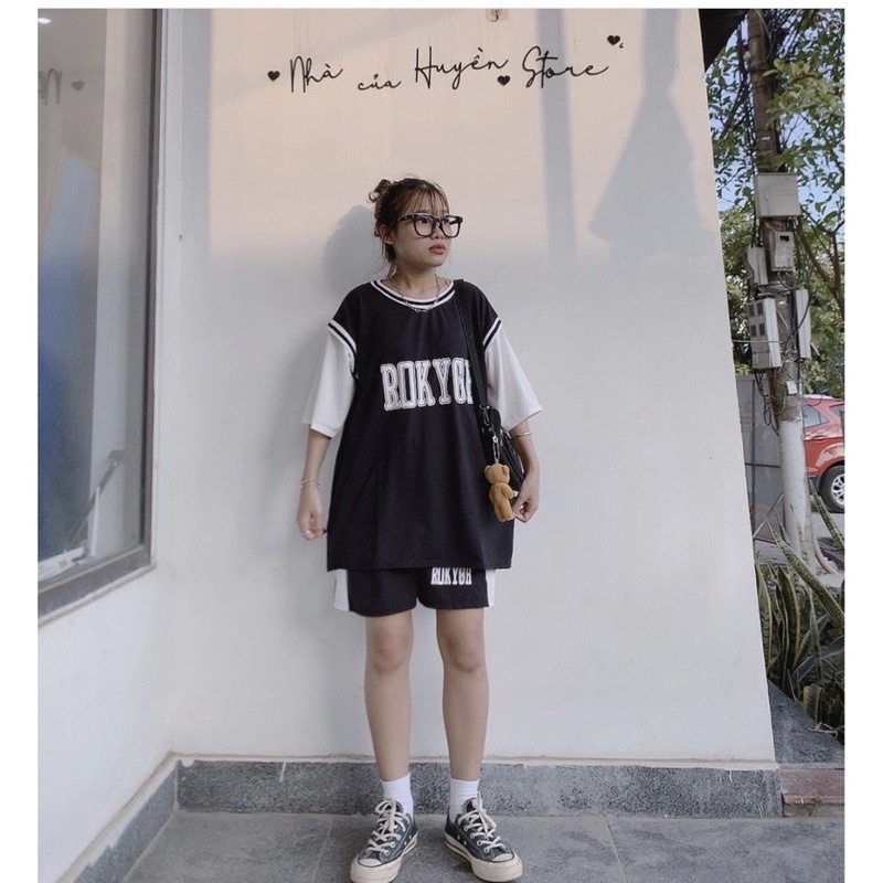 Bộ thể thao nữ dáng rộng bóng rổ ROK YGH sét áo thun phối tanktop quần short đùi oversize basic năng động