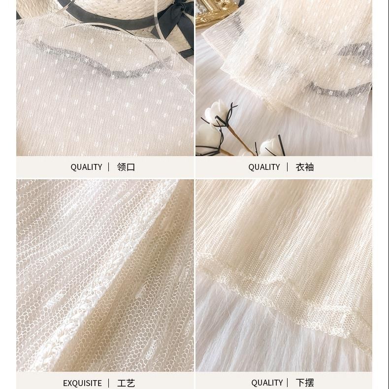 Áo Lưới Tay Dài Loe Phối Ren Họa Tiết Chấm Bi Dành Cho Nữ