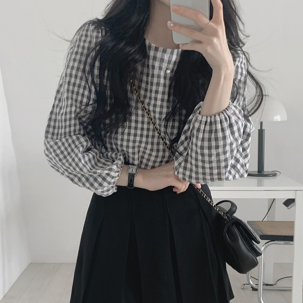 41474 Áo Sơ Mi Tay Dài Cổ Tròn Họa Tiết Kẻ Sọc Ca Rô Phong Cách Hàn Quốc