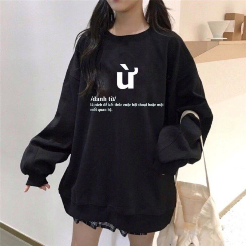 Áo Sweater Chữ Ừ Form Rộng Unisex Tay Bồng Nam Nữ, Áo Chất Nỉ Hàn Xuất Dư Dày Mịn