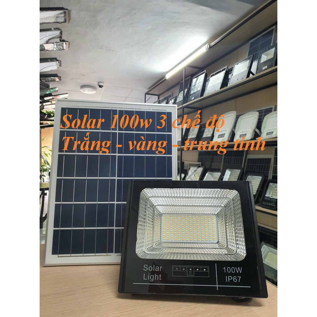 New - Solar 100w 3 chế độ trắng, vàng, trung tính tùy chọn, pin trâu, dây nối 5m, IP67 chống nước, bảo hành 18 tháng
