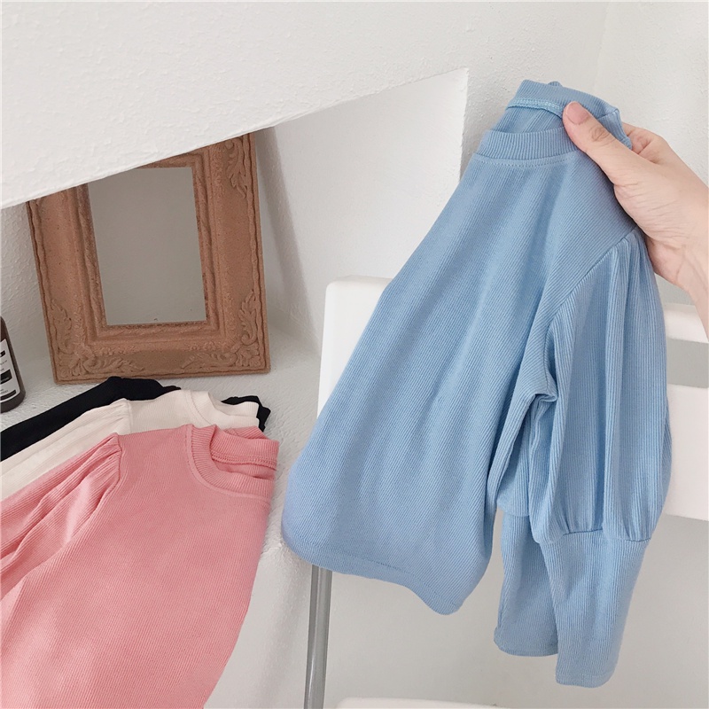 Áo Kiểu Tay Phồng Cổ Tròn Màu Sắc Trơn Phong Cách Hàn Quốc Cho Nữ