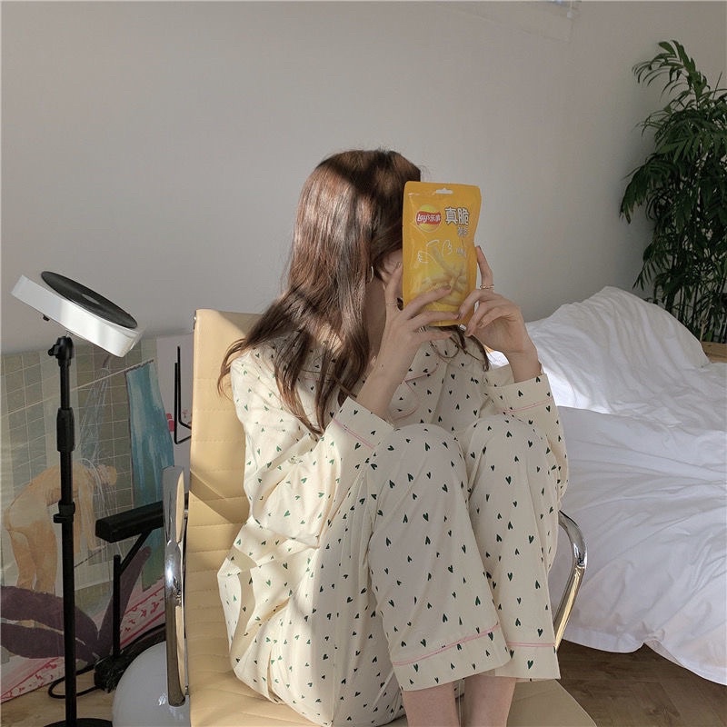 [CÓ SẴN] Đồ ngủ pijama dài tay trái tim xanh bộ ngủ Hàn Quốc ullzang dễ thương