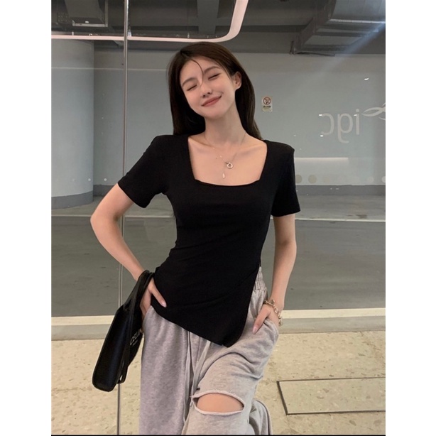 Áo croptop kiểu tay ngắn xẻ tà màu trơn co dãn, Áo thun cổ vuông croptop cá tính phong cách Hàn Quốc