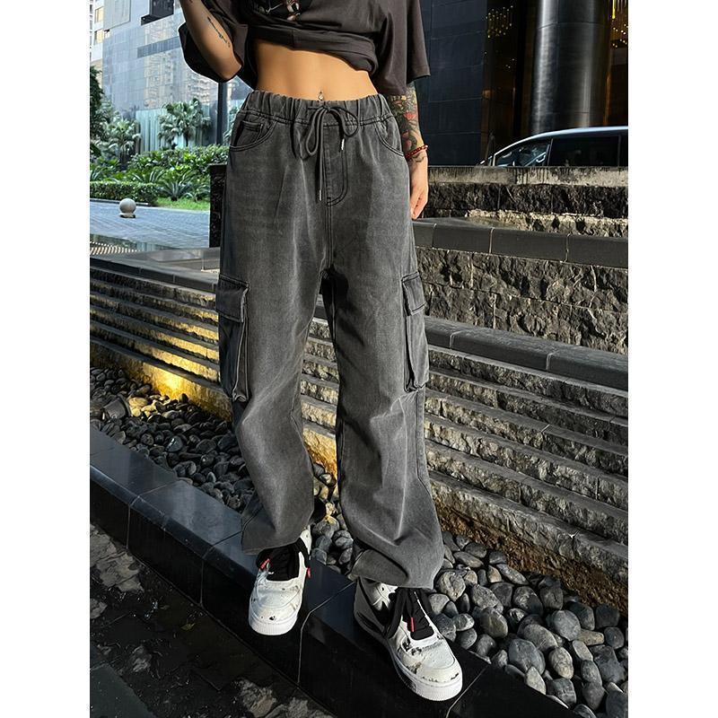 ♈♧Quần Yếm Jean Lưng Cao Ống Rộng Màu Xám Phong Cách Hip Hop Thời Trang Mùa Thu Mới Cá Tính Cho Nữ