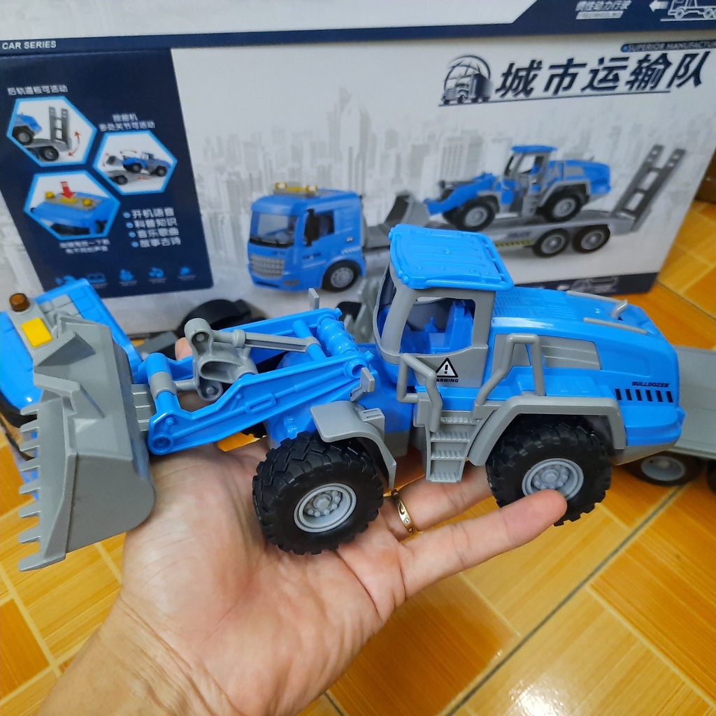 Bộ xe công trình đồ chơi trẻ em gồm xe đầu kéo chở xe xúc ủi bằng nhựa ABS có âm thanh và đèn