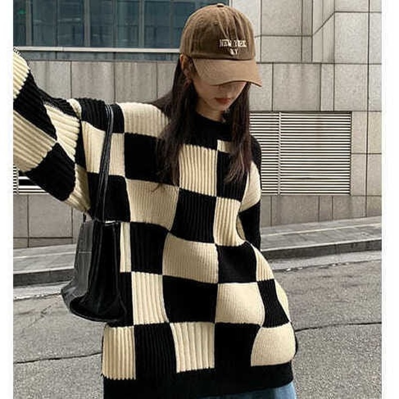 Áo len dài tay họa tiết ca rô thời trang dành cho nữ