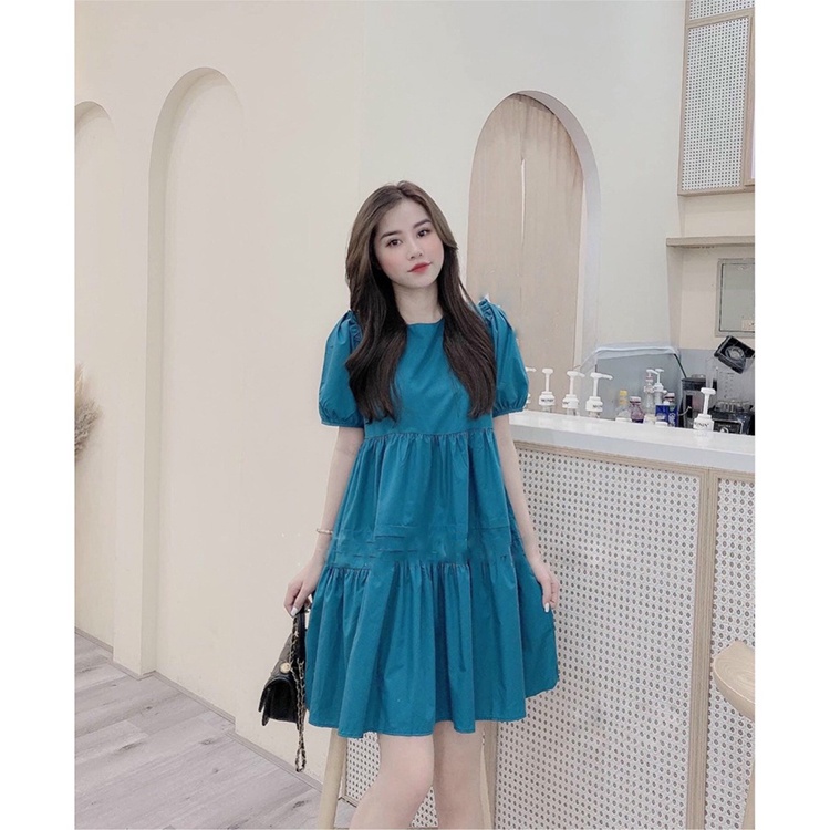 Đầm babydoll tay phồng xanh navy Váy cổ tròn đuôi cá xinh xắn