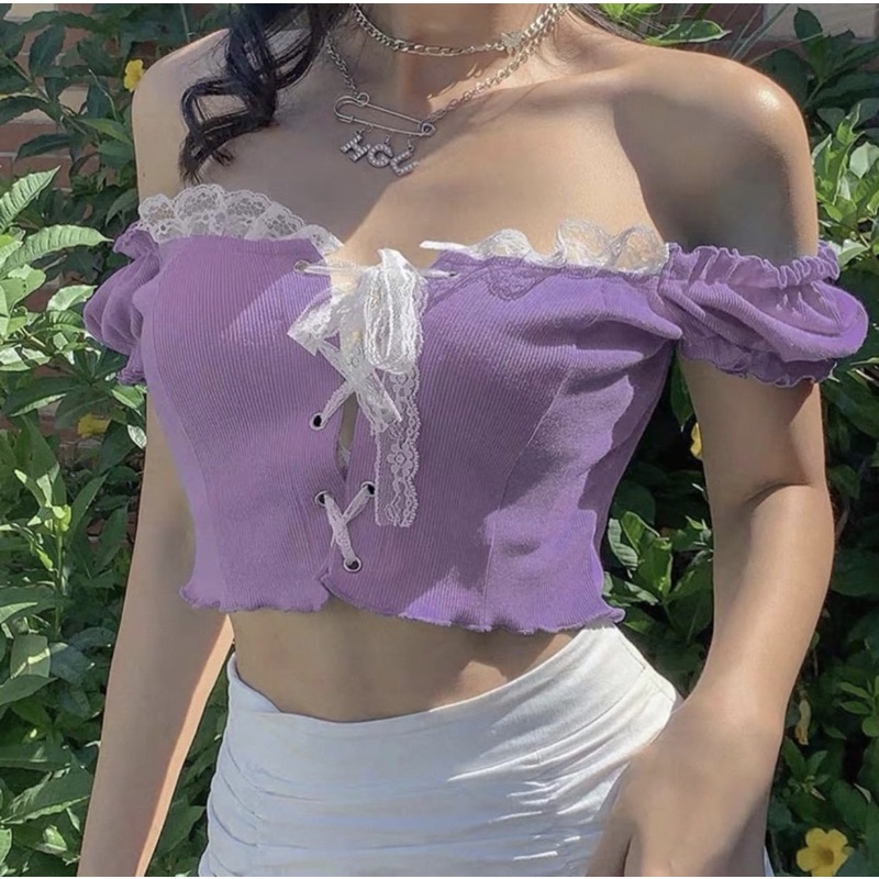 ÁO THUN GÂN TÍM ĐAN DÂY VIỀN REN