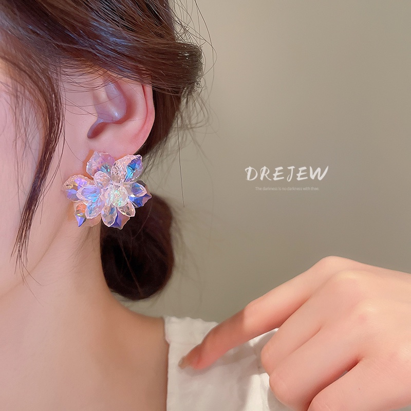 DREJEW Khuyên tai mạ bạc hình hoa đính đá nhiều màu sắc phong cách Hàn Quốc thời trang cho nữ