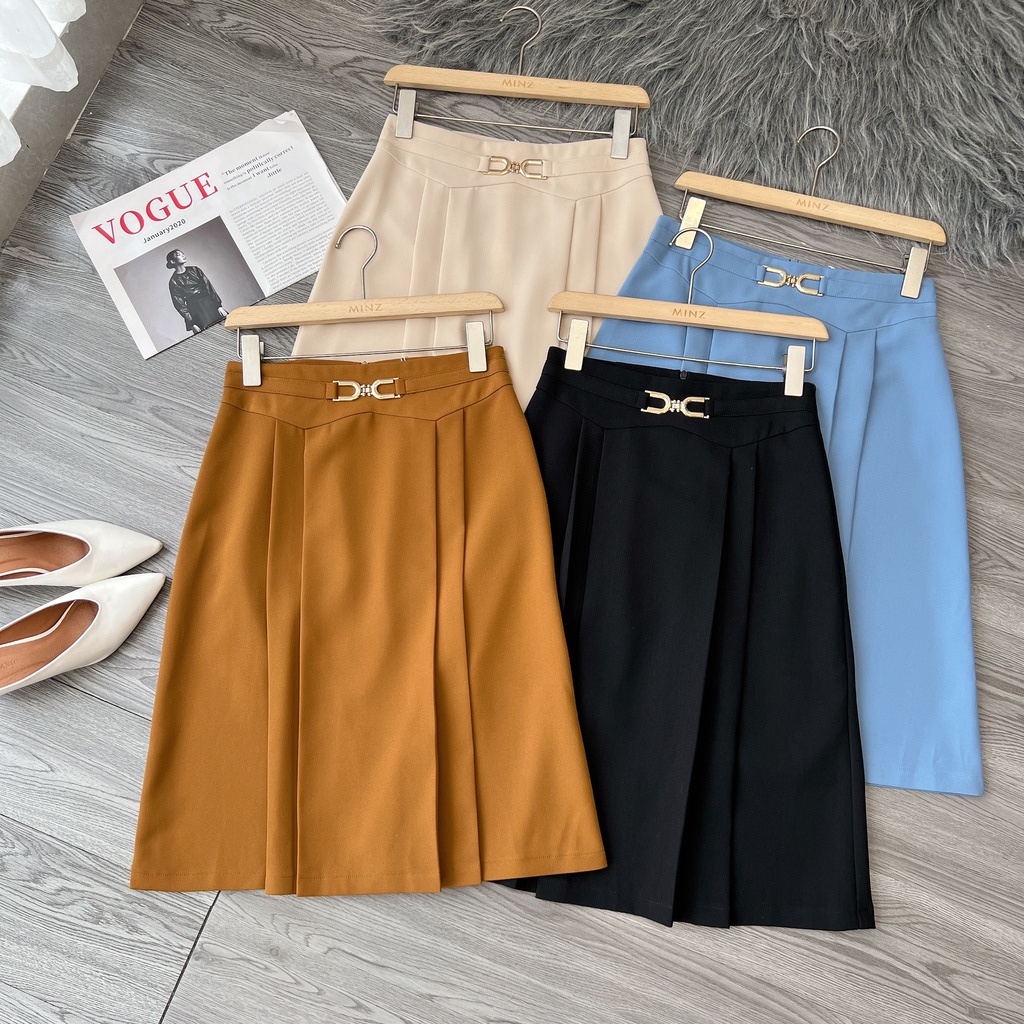Chân Váy Dáng Xòe Công Sở Nữ Minz Store MÃ 3339, Thiết Kế Dáng Dài Xếp Ly Đai Xích