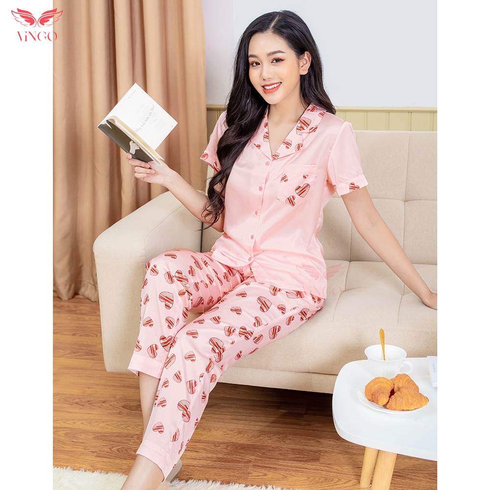 VINGO Pijama nữ tay cộc quần dài mặc nhà mặc ngủ mùa Thu lụa Pháp cao cấp họa tiết trái tim H209 VNGO 💖 😍