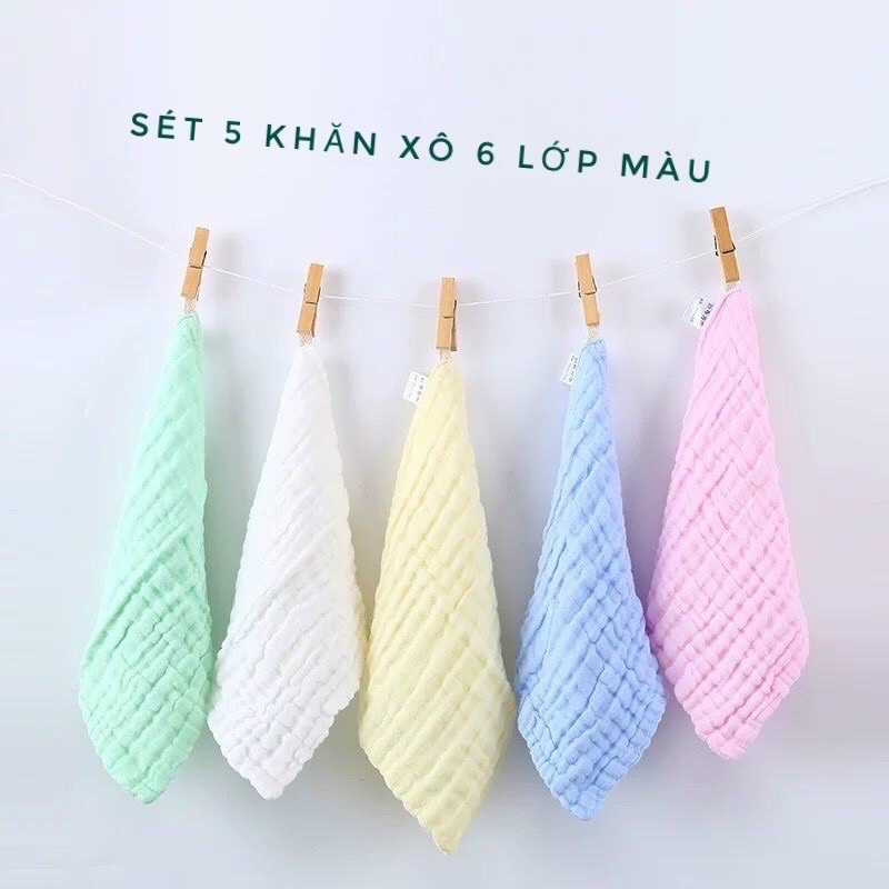 Set 5 khăn rửa mặt sắc màu.  Dòng vải xôNhật này mềm mại thích hợp cho bé từ sơ sinh.