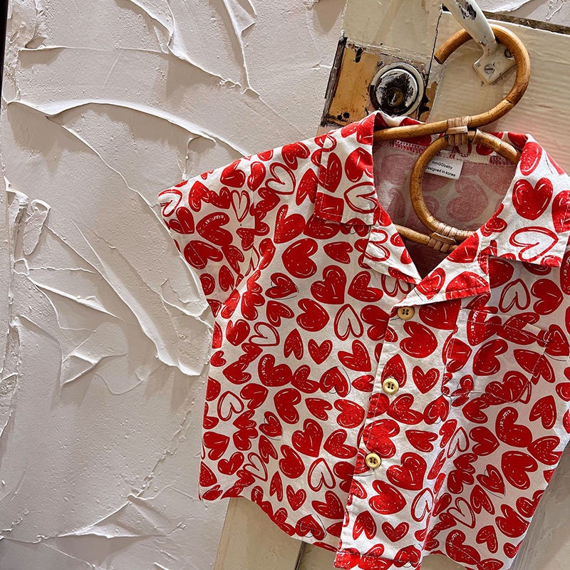 Áo Sơ Mi Cotton Tay Ngắn In Họa Tiết Trái Tim Phong Cách Phương Tây Thời Trang Mùa Hè Mới Dành Cho Trẻ Em