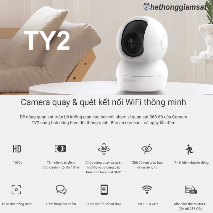 [Mã 253ELSALE hoàn 7% đơn 300K] [Cực Sốc] Camera Wifi Xoay 360 EZVIZ TY2 1080P 2MPX, Chính Hãng, Bảo Hành 24 Tháng