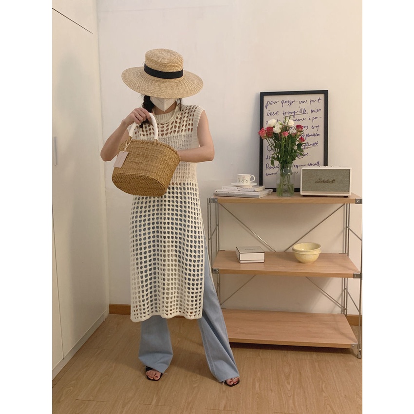 [LININ] Đầm Dệt Kim Sát Nách Dệt Kim Cổ Tròn Phối Lưới Rỗng Xếp Chồng Thời Trang Mùa Hè Hàn Quốc Cổ Điển