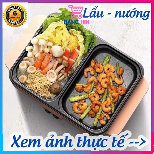 Bếp lẩu nướng 2 in 1 đa năng mini Hàn Quốc, Nồi lẩu nướng điện 2 ngăn, Bảo hành 6 tháng