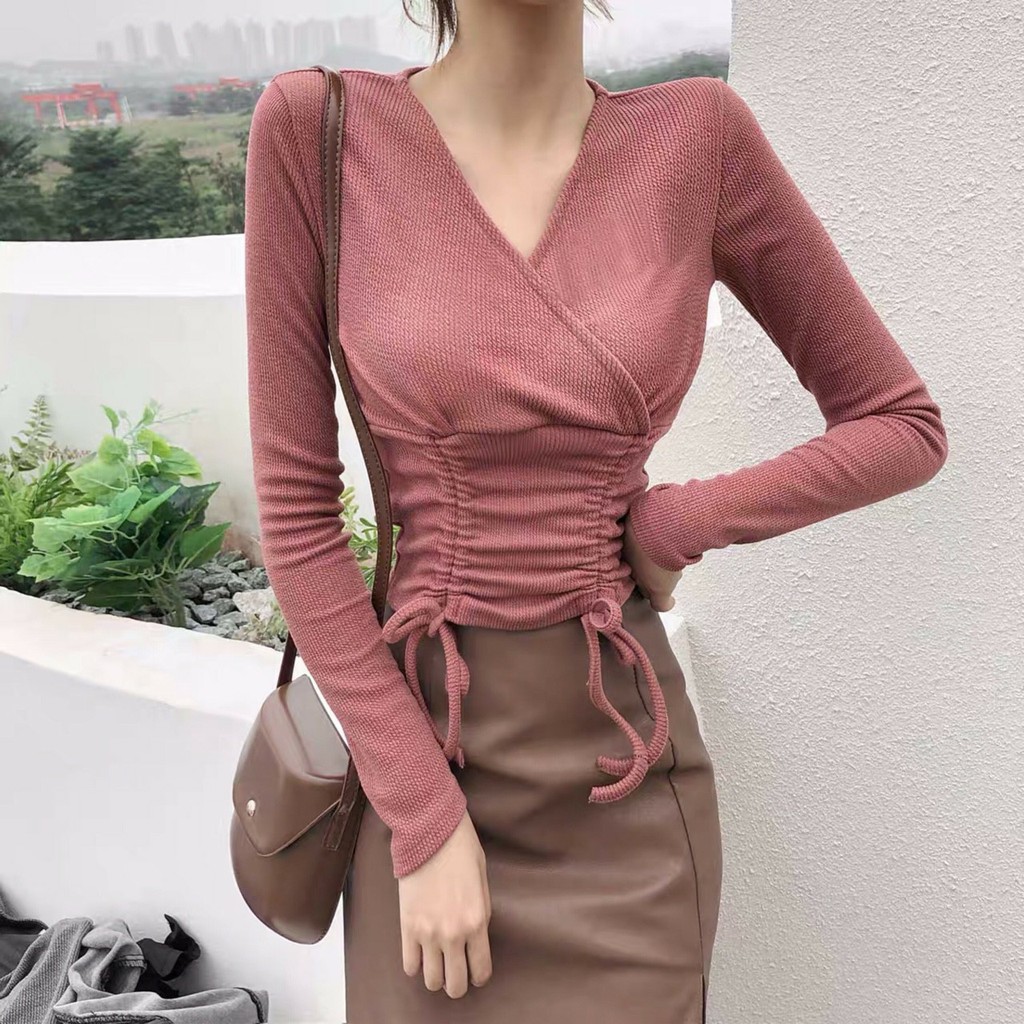 Áo Thun Tay Dài Cổ V form Croptop Phối Rút Hai Bên Eo Duyên Dáng TTS0872