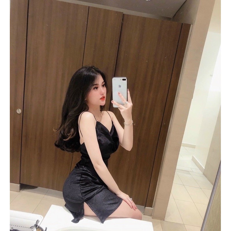 Đầm 2 dây nhung sợi mảnh hở lưng sexy có sẵn mút ngực Sun Fahsion