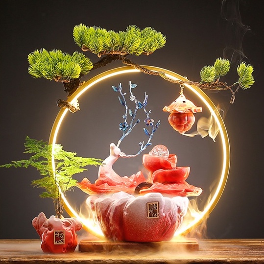Thác khói trầm hương phong thủy, tượng hươu xanh cao cấp - Thác nước hươu xanh pha lê lấp lánh