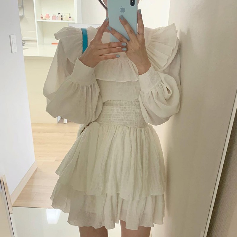 xa (ORDER) Set áo sơ mi voan phói bèo tiểu thư+ Chân váy xòe ngắn 2 tần điệu đà style Hàn Quốc sang chảnh h