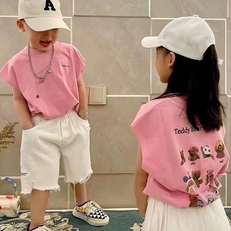 Bộ Đồ Hai Mảnh Áo Sát Nách In Chữ Và Hoạt Hình Màu Trắng Thoải Mái Dễ Phối Đồ Thời Trang Cho Bé Trai Và Gái