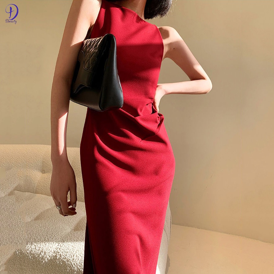 Đầm Đỏ Dài Không Tay Xẻ Tà Bên Hông Thanh Lịch Đơn Giản Dành Cho Nữ