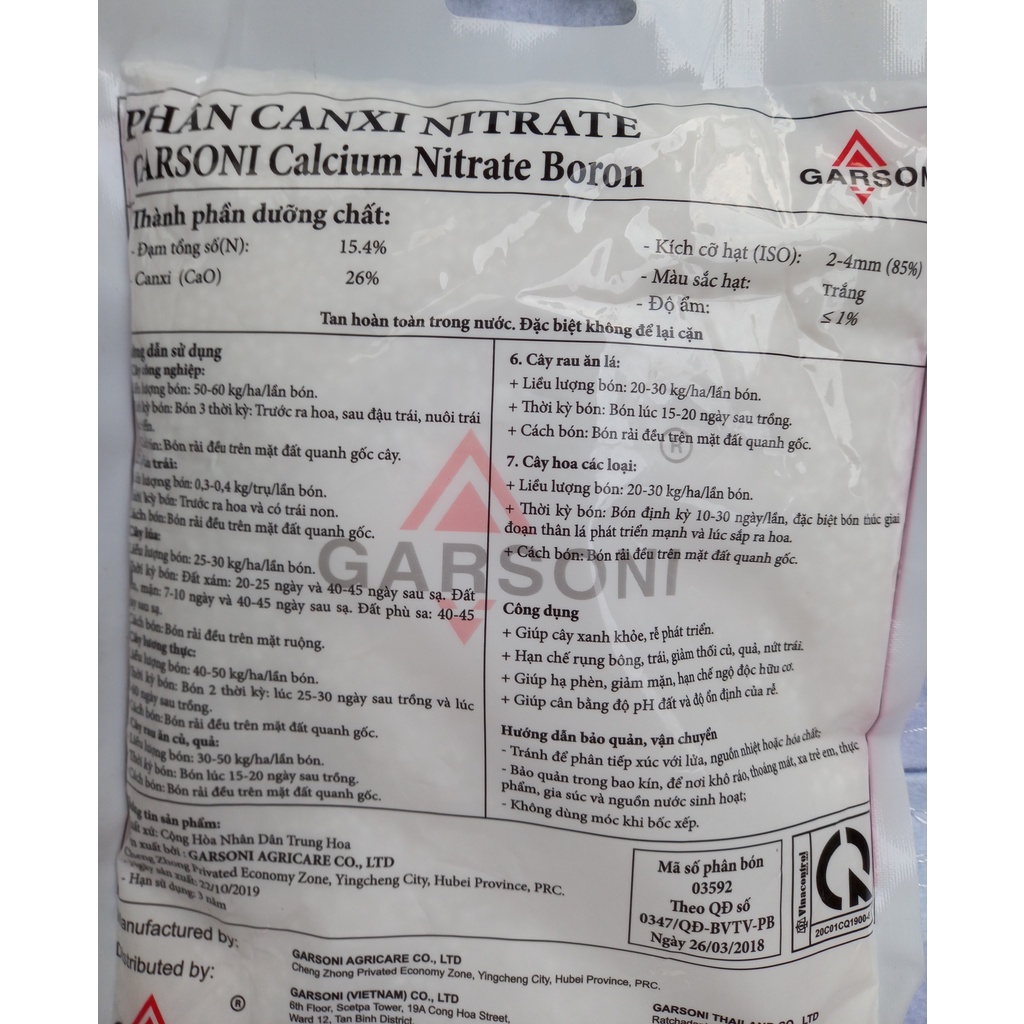 Phân bón Đạm canxi - Calcium Nitrate Boron túi 1kg, tan hoàn toàn trong nước