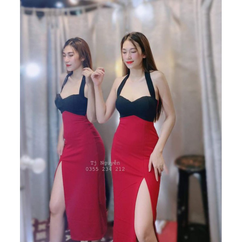 đầm body phối màu cổ yếm