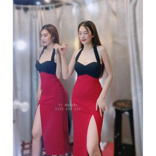 Đầm body phối màu cổ yếm