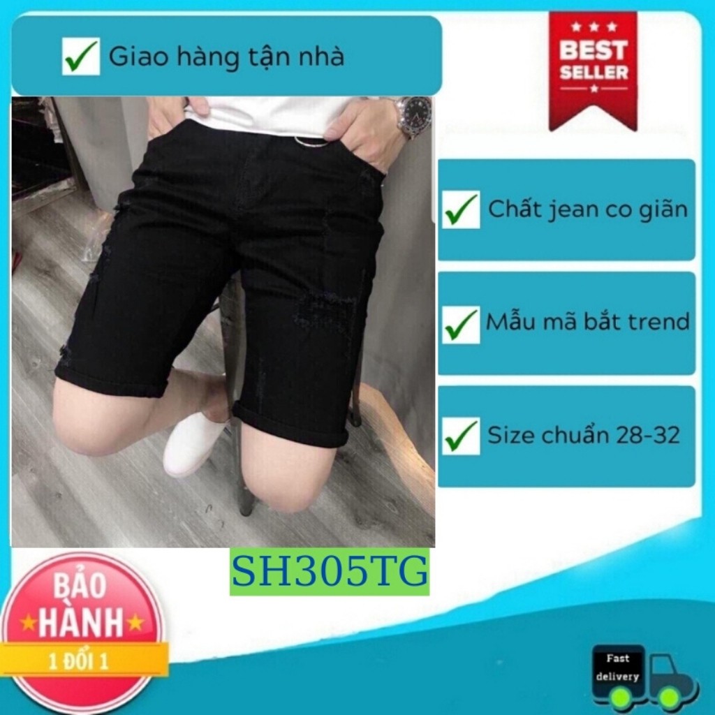 Quần Short Nam VNXK SH305TG Short Jean Nam Đen rách xước mẫu hót trẻ trung (44-70KG)