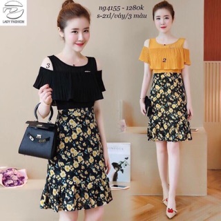 Đầm rớt vai dập lu tùng in cột nơ cực hot