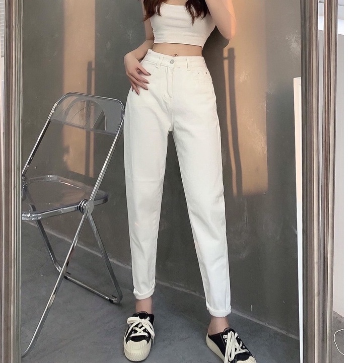 Quần Baggy Jean Nữ Cạp Cao Trơn Basic Đẹp Cá Tính