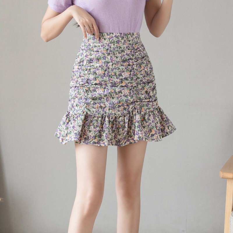 💃Chân Váy Nữ Hoa Nhí Nhúm Hông Vạt Bèo 3 màu | BigBuy360 - bigbuy360.vn