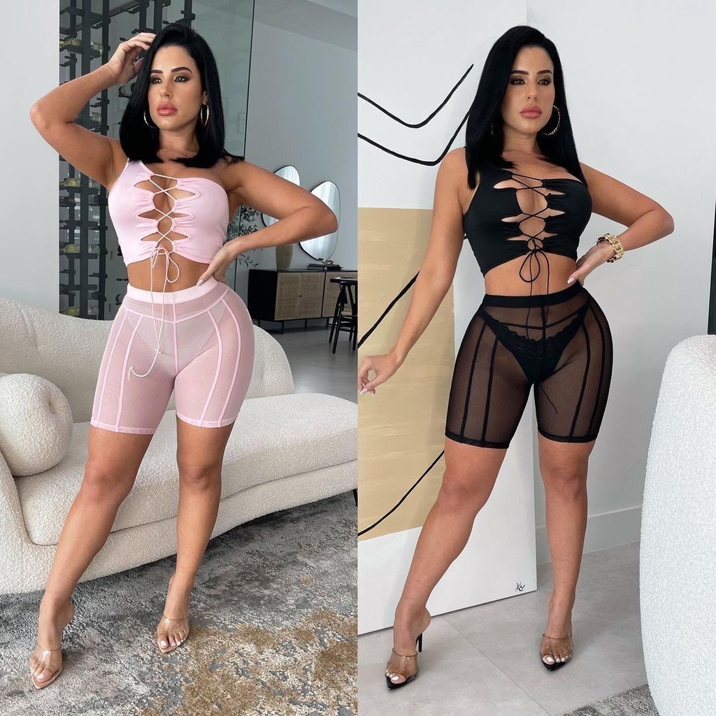 Set Áo Tank Top + Quần Short Lưng Cao Phối Ren Hoa Thiết Kế Quyến Rũ Cho Phái Nữ