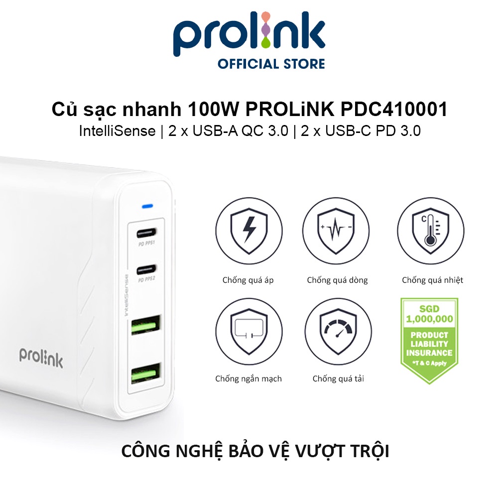 Củ sạc nhanh 100W PROLiNK PDC410001, 4 cổng (2xUSB-A QC 3.0 & 2xUSB-C PD 3.0) IntelliSense, sạc điện thoại, laptop